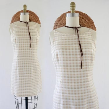 champagne check dress - s - vintage 90s 1990s beige brown plaid size small womens short summer sun sleeveless summer cute cottage 