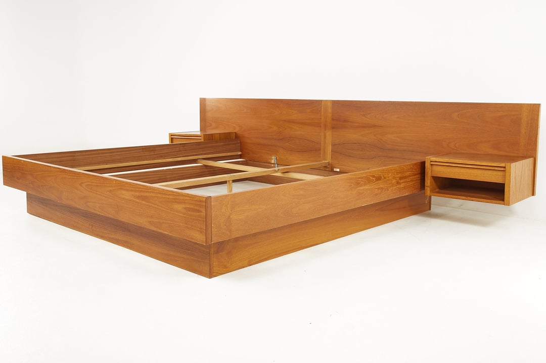 Jesper Mid Century Danish Teak King Platform Bed with Floating Modern