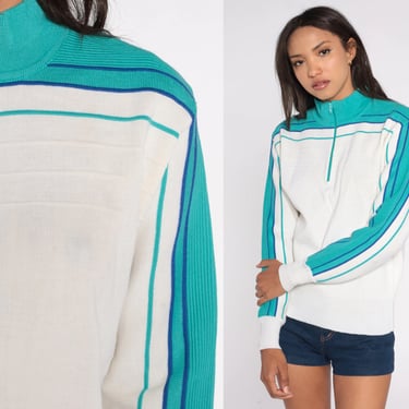Quarter Zip Sweater 80s White Wool Blend Pullover Knit Turquoise Striped Sweater Preppy Sporty Streetwear Basic Vintage 1980s Small S 