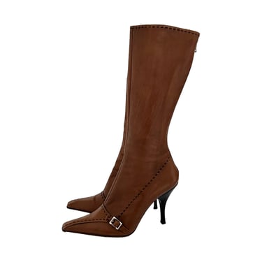 Prada Brown Leather Buckle Knee High Boots