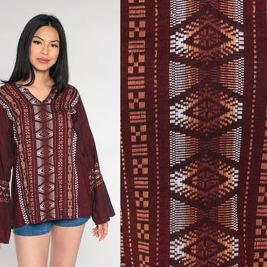 Red Embroidered Top Hippie Shirt Iridescent Cotton Aztec Mexican Blouse Tunic Shirt Bohemian Vintage Boho Guatemalan Medium 