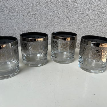 Vintage MCM rock glasses lowball fade silver grape theme rims holds 10 ozs. Set of 4 