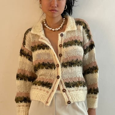 80s hand knit mohair cardigan / vintage hand knit creamy white soft fuzzy angora mohair olive striped collared Italian cardigan sweater | M 