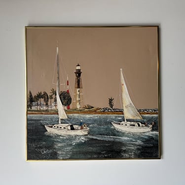 70's Frank Walcutt Impressionist Seascape - Sail Boats Oil on Canvas Painting . 