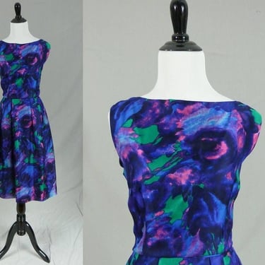 60s Floral Party Dress - Blue Purple Pink Green - Soft Swirly Watercolor Flowers - Gentle Sheen - Vintage 1960s - S 