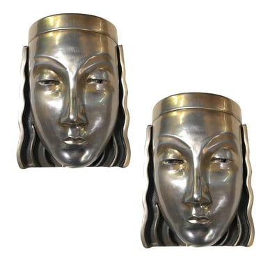 Art Deco Revival Female Face Mask Light Up Wall Sconce, Pair 
