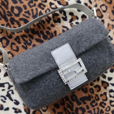 Fendi Grey Wool Rhinestone Baguette