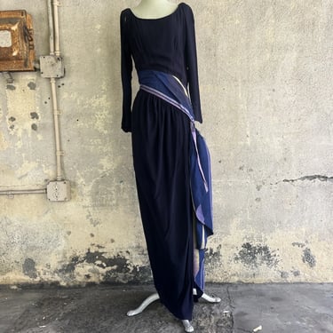 Vintage 1940s Blue Crepe Rayon Maxi Dress Colorful Sash Silk Bow Slit LongSleeve
