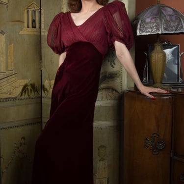 1930s Dress - Exceptional Vintage 30s Wine Red Velvet Evening Gown of Silk Velvet and Chiffon Puffed Sleeves 