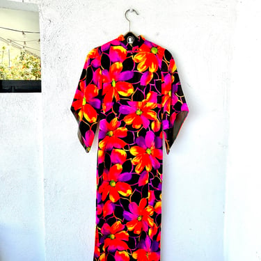 Vintage 60s Pake Muu Bright Neon Hawaiian Dress 1960s Floral Muumuu 