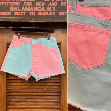 Vintage 1980’s Pink and Sky Blue Color Block Cut Off Denim Shorts, 80’s New Wave, 80’s Denim Shorts, Vintage Cut Offs, Vintage Clothing 