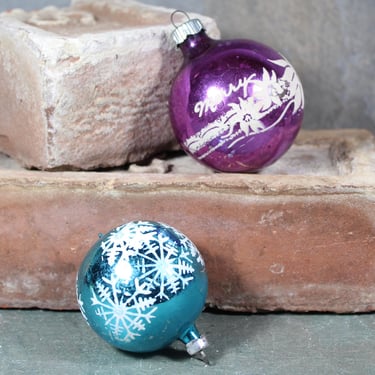 Set of 2 Bright Glass Christmas Ornaments for Your Vintage Christmas Tree! | Shiny Brites Purple | 1960s Teal Ornament | Bixley Shop 