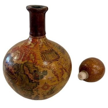 Elegant Italian Hand Made Leather Wrapped Antique World Map Liquor Decanter