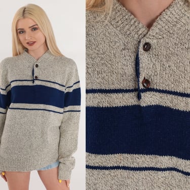 80s Striped Sweater Wool Blend Pullover Knit Henley Sweater Grey Navy Blue Button Up Slouchy Jumper Retro Basic Vintage 1980s Extra Large xl 