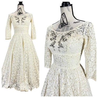 Vintage 50’s Sylvia Ann Ivory and Lace Tea Length Dress with Metal Zipper Small
