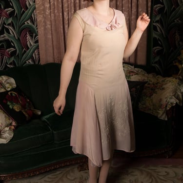 1920s Dress - Vintage 20s Ivory and Pale Lilac Silk Day Dress with Embroidery 