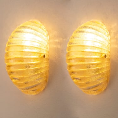 Set of 2 Amber Murano glass shell wall sconce with brass frame, Made in Italy lighting 