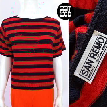 Bold Vintage 90s Black & Red Stripe Short Sleeve Sweater Top 