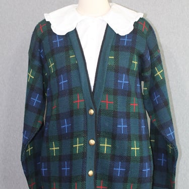 1970s Wool Pendleton Cardigan || Tartan Plaid || Preppy Sweater || Green and Navy || Size M 