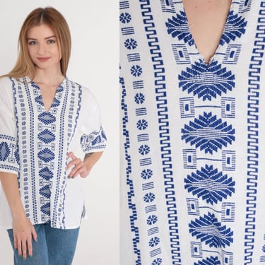 Embroidered Top Y2K Hippie Shirt White Blue Guatemalan Embroidery Top Aztec Mexican Blouse V Neck Half 1/2 Sleeve Cotton Vintage 00s Medium 