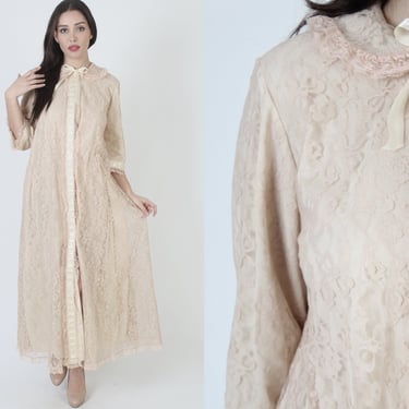 Vintage 60s Odette Barsa Nylon Lace Peignoir Robe Dressing Gown Beige S M 