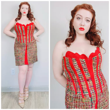 1990s Vintage Rosemary Jennings Rainbow Tweed Mini Dress / 90s Corset Bustier Red Suede Trim Strapless Dress / Large 