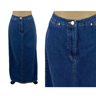 Y2K Denim Maxi Skirt Medium - Long Jean Skirt - 28" Zip Fly A Line - 2000s Clothes Women Vintage EDDIE BAUER 