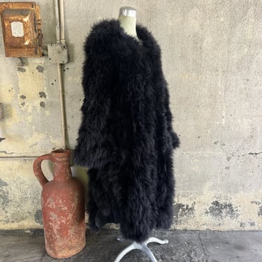 Vintage 1970s Black Marabou Ostrich Feather Coat Plush Fluffy Full Length Dress