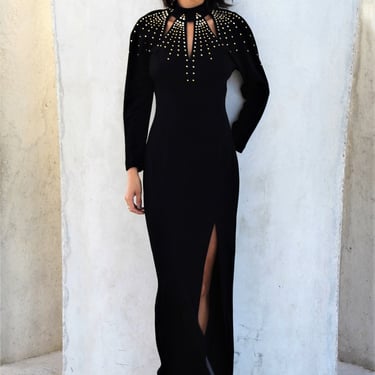Vintage 1990s J.Harris Evening Gown, Sexy Bodycon, XS Women, black stretch knit, gold & crystal studs, cutout neckline 