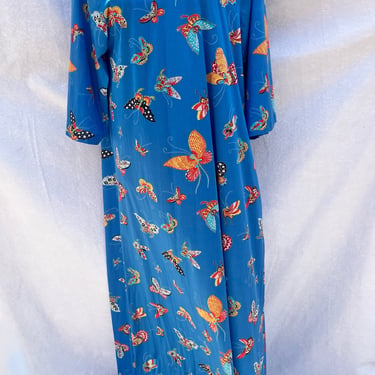 Blue Butterfly Dress, Maxi Dress, Bug Dress, Insect Robe, Vintage Robe, Vintage Dress, Lingerie, Blue Dress, Vintage Butterfly Print Dress 