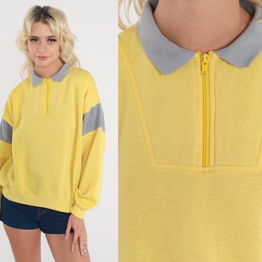 80s Quarter Zip Sweatshirt Yellow Pullover Slouchy 1980s Grey Striped Athleisure Sweatshirt Sportswear Athletic Large 