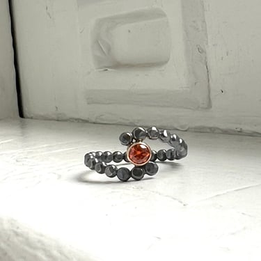 Spooky Season Ring Black Silver and Orange CZ sterling silver beaded bypass ring handmade one of a kind 