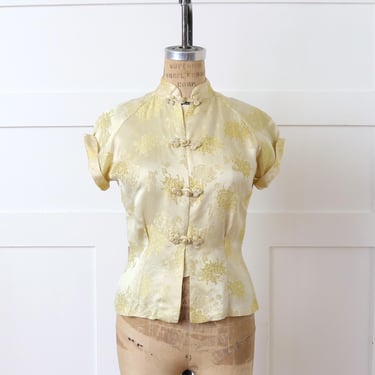 vintage 1960s pale gold brocade blouse • mandarin collar short sleeve cheongsam tailored top 