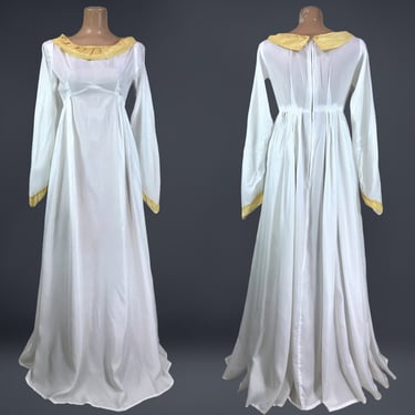 VINTAGE 60s White Tissue Taffeta Ethereal Empire Waist Regency Maxi Dress | 1960s Subtly Sheer Medieval Sorceress Gown | VFG 