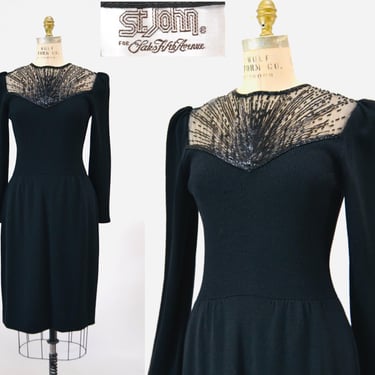 80s Vintage St John Dress Black Knit Dress By St John Beaded  Knit Long Sleeve Dress // 80s Black Sweater Knit Party Dress Small Medium 