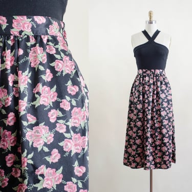 black floral skirt | 90s vintage black pink silky charmeuse floral romantic cottagecore dark academia midi skirt 