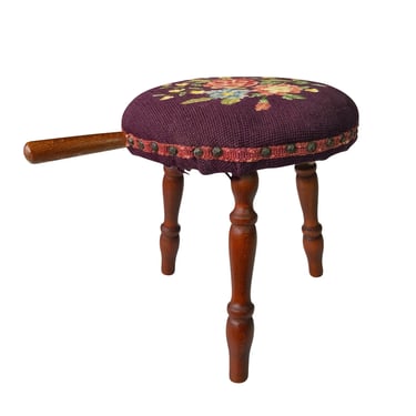 Antique Farmhouse Country Floral Needlepoint Maple Milking Footstool w/ Handle