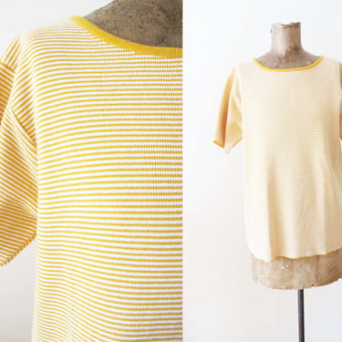 Vintage 90s Orange White Striped Boxy Cotton Knit Shirt M L 
