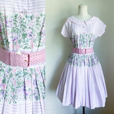 Vintage 1950s R&K Original Pink and Lilac Floral Dress / XS 