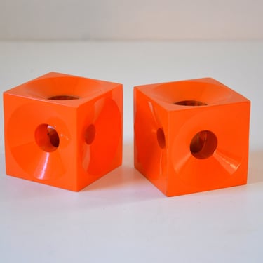 Mid-Century Danish Modern Cube Candle Holders in Orange in the style of Ernst Henriksen, E.H. Denmark 