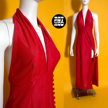 SEXY Vintage 60s 70s Red Halter Maxi Dress with a Sheen, by Frederick's of Hollywood 