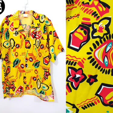 Outrageous Vintage 80s Bright Yellow Tiki Vines Face Novelty Print Cotton Hawaiian Shirt 