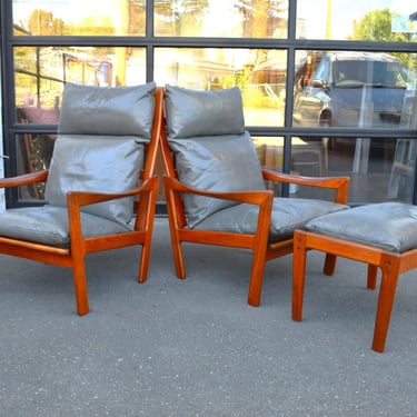 Pair of Teak Frame High Back Loungers & Ottoman in Leather by Wikkelso