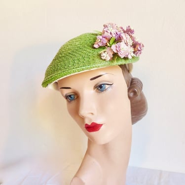 1950's Green Straw Hat Lavender Flowers Trim 50's Millinery Spring Summer Amy New York Hats 