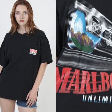 Marlboro Unlimited T Shirt / Black Cotton Cigarette Pocket Tee / Vintage 90s Smoking Mens Womens XL 