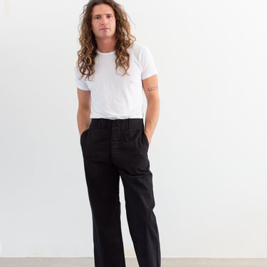 Vintage 32 Waist Black Cotton Twill Chinos | High Rise Unisex Straight Leg Utility Pant Trouser | P241 