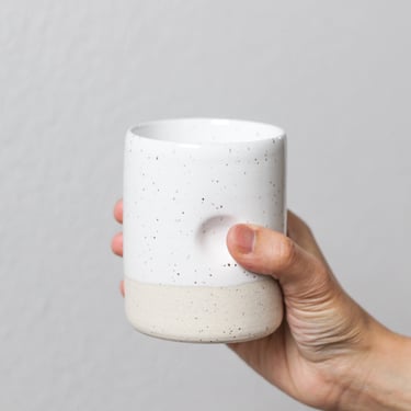 Speckled Ceramic Cup with Thumb Hold - Clay/Pottery - Dimpled Tumbler/Water Glass/Mug - White Glaze - Handmade - Modern Minimalist 