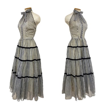 Vtg Vintage 1950s 50s Navy Ivory Candy Striped Sweetheart Velvet Party Dress 