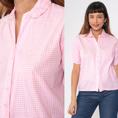 Pink Gingham Blouse 70s Button up Shirt White Checkered Top Retro Collared Seventies Preppy Casual Summer Check Print Vintage 1970s Medium M 