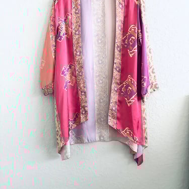 Vintage Shaybali Pink Purple Batik Satin Open Front Kimono Blouse Size Medium 